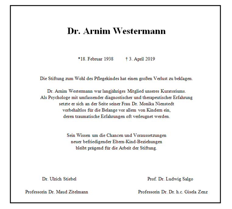 PAN NRW E.V. TRAUERT UM HERRN DR. ARNIM WESTERMANN